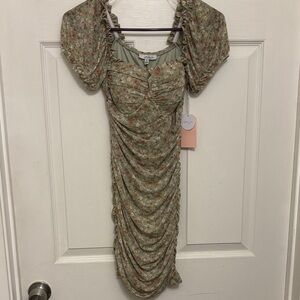 Floral Green Midi Dress with Puff Sleeves